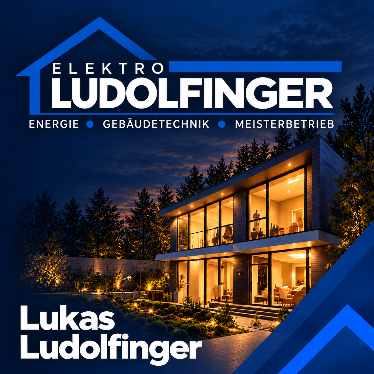 Elektro Ludolfinger – Lukas Ludolfinger. Logo mit Hausmotiv und blauem Winkel.