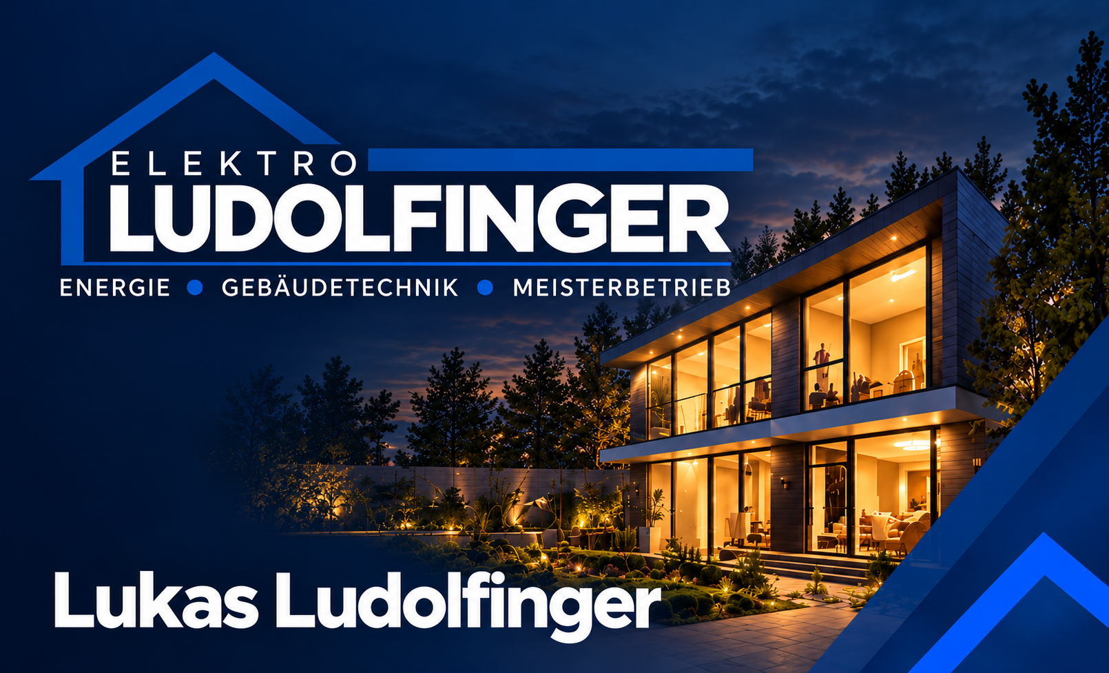 Elektro Ludolfinger – Lukas Ludolfinger. Logo mit Hausmotiv und blauem Winkel.
